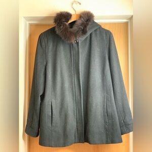 Forecaster Cape Like Black Pea Coat with Faux Fur Trimmed Hood  - size 16